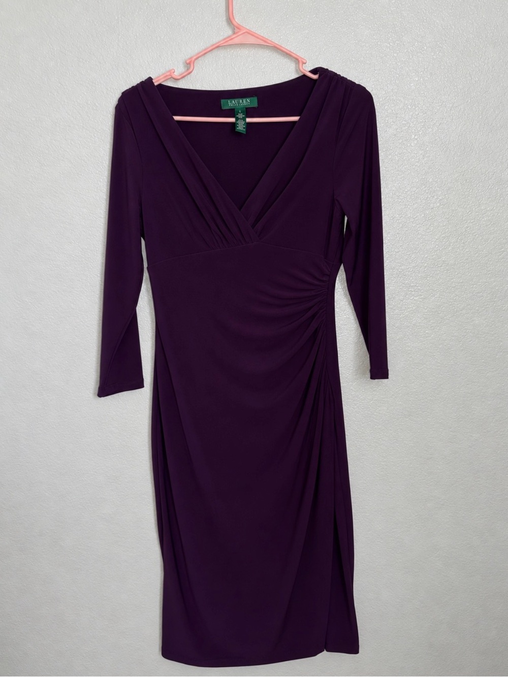 Lauren Ralph Lauren Deep Purple V-Neck Ruched Sheath Dress